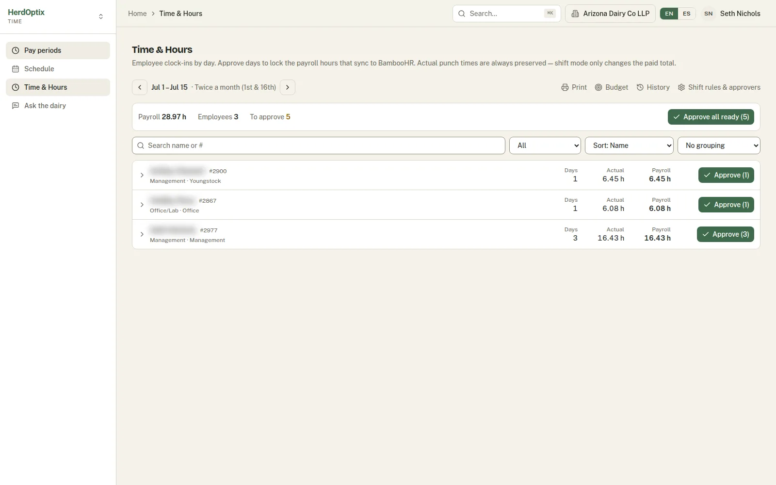Pay-period view with per-day approval that locks payroll hours
