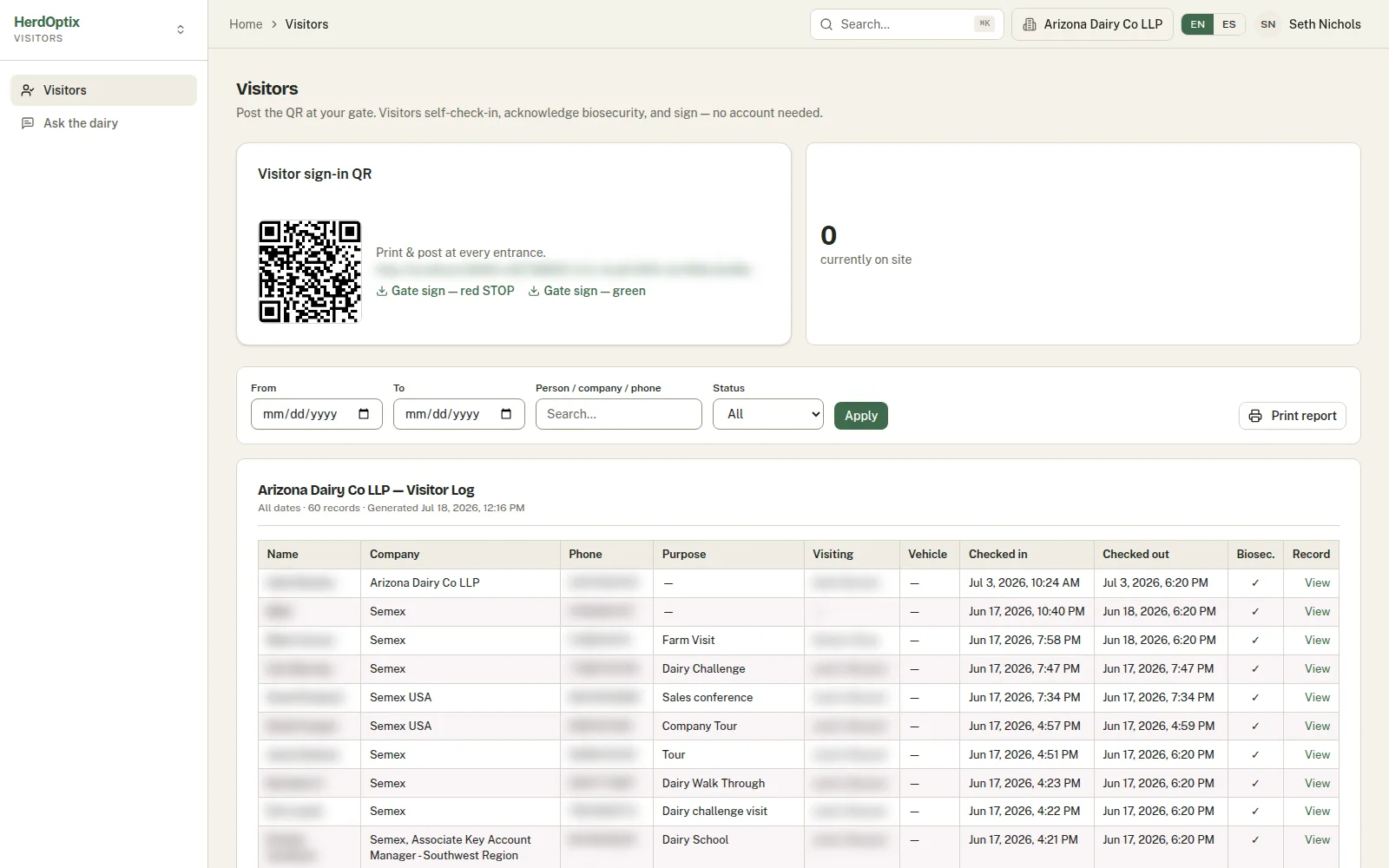 Gate QR self-check-in with a signed, filterable visitor log